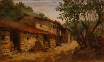 Pinacoteca :: Paisaje de pueblo asturiano (Telesforo Fernández Cuevas García de la Mata, 1849-1934). Óleo.